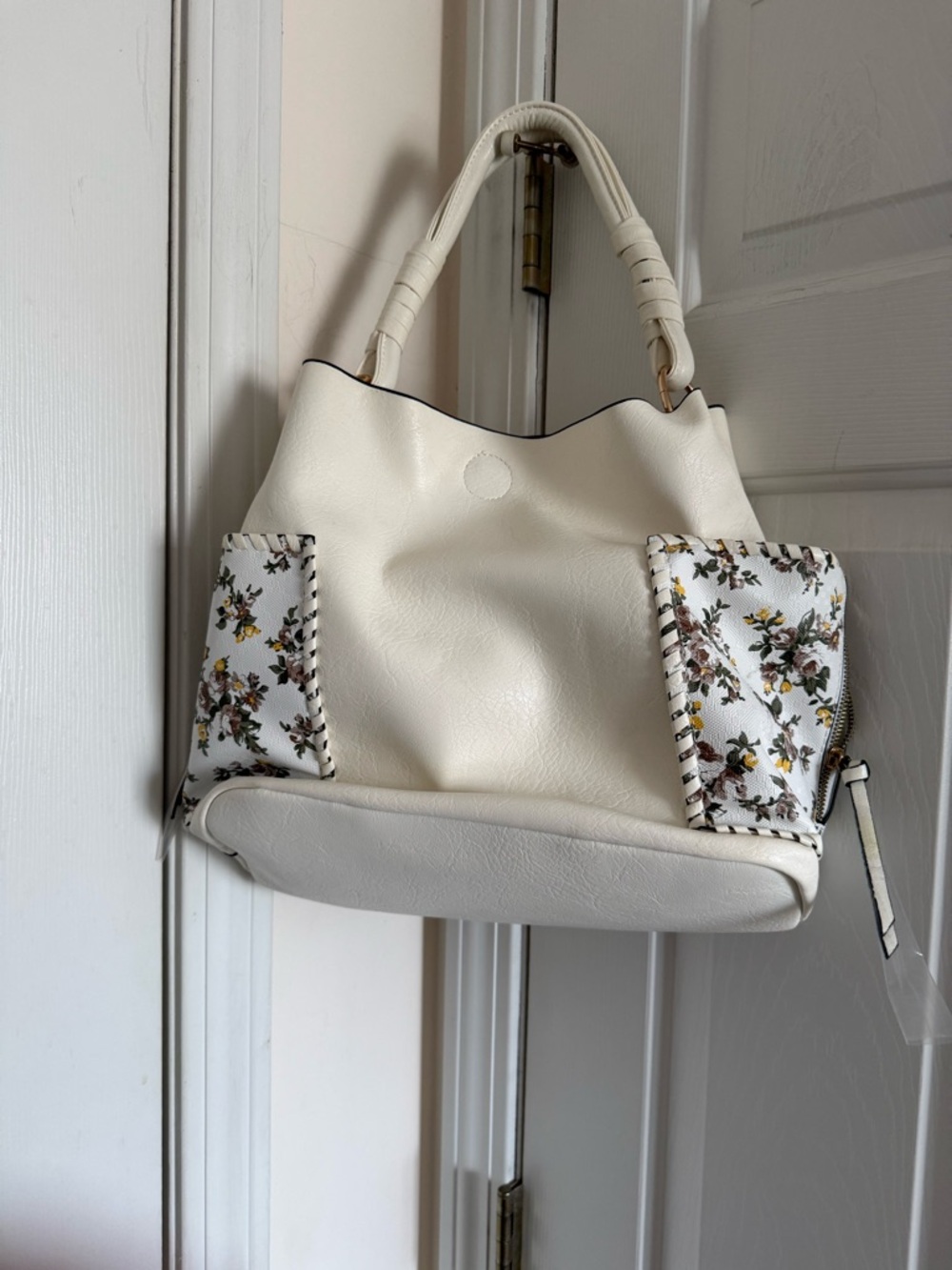 Cream Floral Accent Shoulder Tote - Women's Leather-Feel Handbag